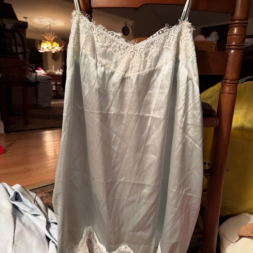 Vintage Pale Teal Satin Lace-Trim Tunic
